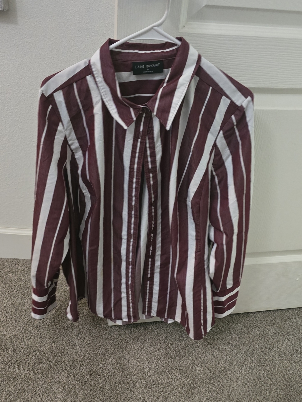 Lane Bryant Maroon and White Vertical Stripe Button-Down Shirt